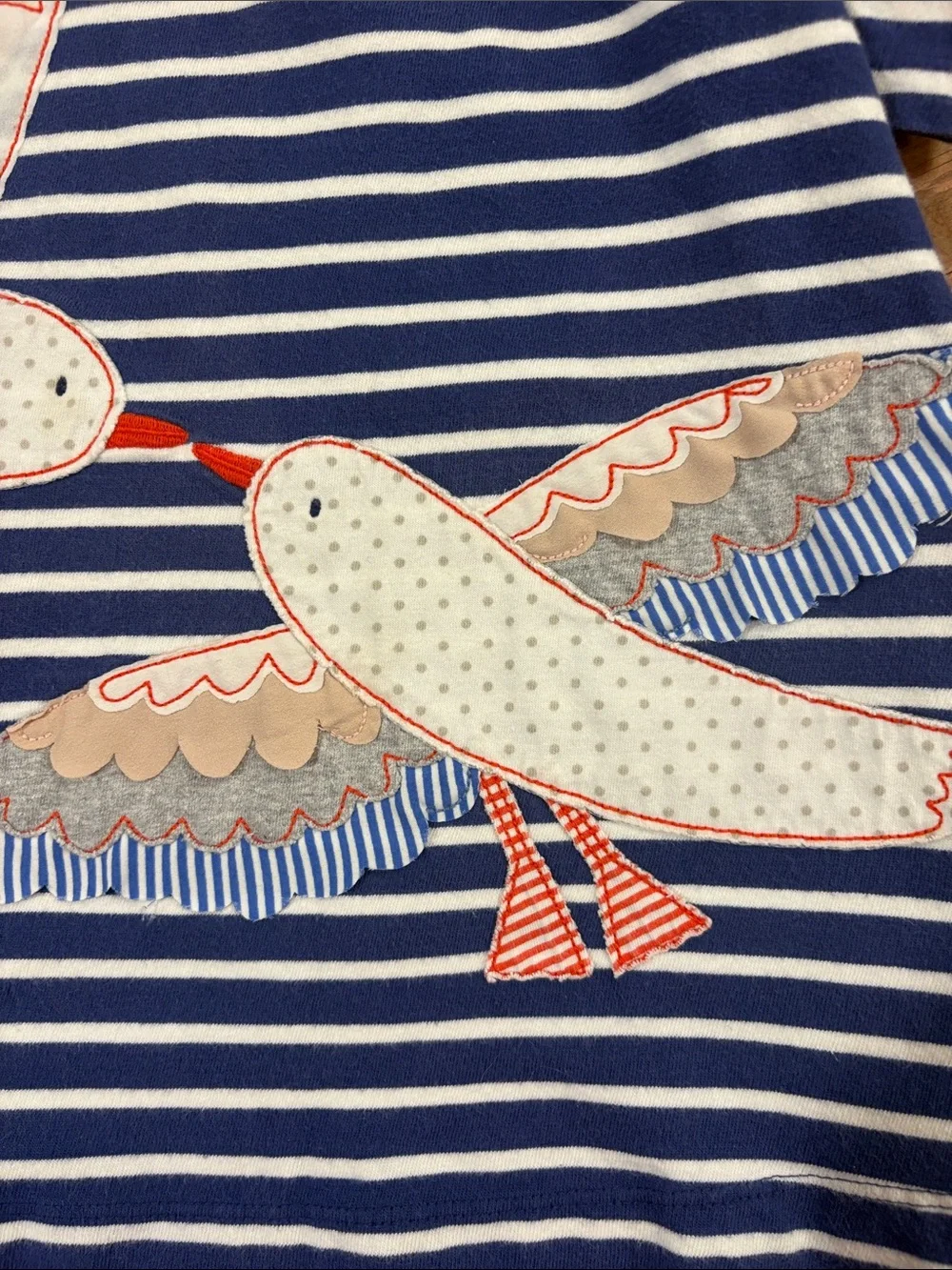 VGUC Mini Boden Navy Stripe Birds Appliqué Dress size 3-4